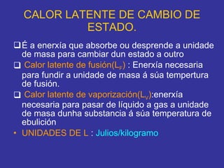 CALOR LATENTE DE CAMBIO DE ESTADO. É a enerxía que absorbe ou desprende a unidade de masa para cambiar dun estado a outro Calor latente de fusión(L F )  : Enerxía necesaria para fundir a unidade de masa á súa tempertura de fusión. Calor latente de vaporización(L V ) :enerxía necesaria para pasar de líquido a gas a unidade de masa dunha substancia á súa temperatura de ebulición  UNIDADES DE L  :   Julios/kilogramo 