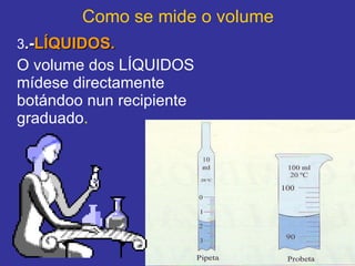 Como se mide o volume 3 .- LÍQUIDOS. O volume dos LÍQUIDOS mídese directamente botándoo nun recipiente graduado .     