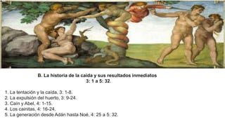 B. La historia de la caída y sus resultados inmediatos
3: 1 a 5: 32.
1. La tentación y la caída, 3: 1-8.
2. La expulsión del huerto, 3: 9-24.
3. Caín y Abel, 4: 1-15.
4. Los cainitas, 4: 16-24.
5. La generación desde Adán hasta Noé, 4: 25 a 5: 32.
 