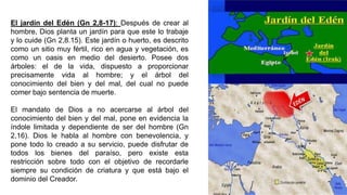 El jardín del Edén (Gn 2,8-17): Después de crear al
hombre, Dios planta un jardín para que este lo trabaje
y lo cuide (Gn 2,8.15). Este jardín o huerto, es descrito
como un sitio muy fértil, rico en agua y vegetación, es
como un oasis en medio del desierto. Posee dos
árboles: el de la vida, dispuesto a proporcionar
precisamente vida al hombre; y el árbol del
conocimiento del bien y del mal, del cual no puede
comer bajo sentencia de muerte.
El mandato de Dios a no acercarse al árbol del
conocimiento del bien y del mal, pone en evidencia la
índole limitada y dependiente de ser del hombre (Gn
2,16). Dios le habla al hombre con benevolencia, y
pone todo lo creado a su servicio, puede disfrutar de
todos los bienes del paraíso, pero existe esta
restricción sobre todo con el objetivo de recordarle
siempre su condición de criatura y que está bajo el
dominio del Creador.
 