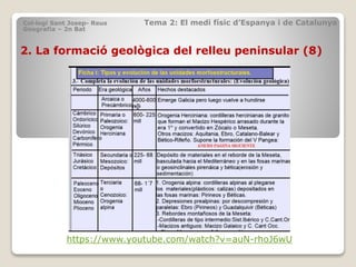 2. La formació geològica del relleu peninsular (8)
Col·legi Sant Josep- Reus Tema 2: El medi físic d’Espanya i de Catalunya
Geografia – 2n Bat
https://www.youtube.com/watch?v=auN-rhoJ6wU
 