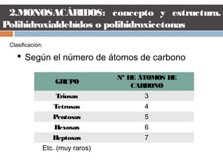 2.MONOSACÁRIDOS: concepto y estructura.
Polihidroxialdehídos o polihidroxicetonas
Clasificación:
 Según el número de átomos de carbono
GRUPO
Nº DE ÁTOMOS DE
CARBONO
Triosas 3
Tetrosas 4
Pentosas 5
Hexosas 6
Heptosas 7
Etc. (muy raros)
 