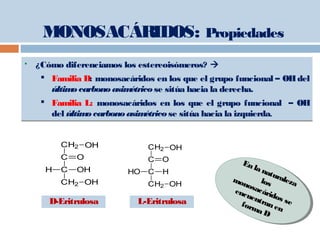  ¿Cómo diferenciamos los estereoisómeros? 
 Familia D: monosacáridos en los que el grupo funcional – OHdel
último carbonoasimétrico se sitúa hacia la derecha.
 Familia L: monosacáridos en los que el grupo funcional – OH
del último carbonoasimétrico se sitúa hacia la izquierda.
 ¿Cómo diferenciamos los estereoisómeros? 
 Familia D: monosacáridos en los que el grupo funcional – OHdel
último carbonoasimétrico se sitúa hacia la derecha.
 Familia L: monosacáridos en los que el grupo funcional – OH
del último carbonoasimétrico se sitúa hacia la izquierda.
D-Eritrulosa
CH2 OH
C O
C OHH
CH2 OH
CH2 OH
C O
C HHO
CH2 OH
L-Eritrulosa
Enla naturalezalosmonosacáridos se
encuentranen
forma D
Enla naturalezalosmonosacáridos se
encuentranen
forma D
MONOSACÁRIDOS: Propiedades
 
