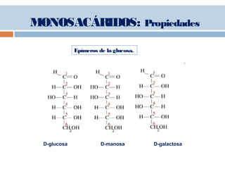 MONOSACÁRIDOS: Propiedades
Epímeros de la glucosa.
D-glucosa D-manosa D-galactosa
 