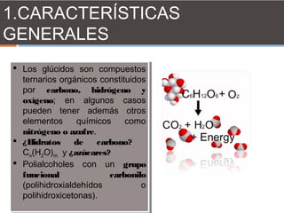  Los glúcidos son compuestos
ternarios orgánicos constituidos
por carbono, hidrógeno y
oxígeno; en algunos casos
pueden tener además otros
elementos químicos como
nitrógeno o azufre.
 ¿Hidratos de carbono?
Cn(H2O)m  y ¿azúcares?
 Polialcoholes con un grupo
funcional carbonilo
(polihidroxialdehídos o
polihidroxicetonas).
 Los glúcidos son compuestos
ternarios orgánicos constituidos
por carbono, hidrógeno y
oxígeno; en algunos casos
pueden tener además otros
elementos químicos como
nitrógeno o azufre.
 ¿Hidratos de carbono?
Cn(H2O)m  y ¿azúcares?
 Polialcoholes con un grupo
funcional carbonilo
(polihidroxialdehídos o
polihidroxicetonas).
1.CARACTERÍSTICAS
GENERALES
 