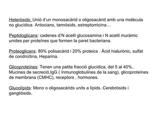 Heteròsids: Unió d’un monosacàrid o oligosacàrid amb una molècula
no glucídica. Antocians, tannòsids, estreptomicina…

Peptidoglicans: cadenes d’N acelil glucosamina i N acetil muràmic
unides per proteïnes que formen la paret bacteriana.

Proteoglicans: 80% polisacàrid i 20% proteics . Àcid hialurònic, sulfat
de condroïtina, Heparina.

Glicoproteïnes: Tenen una patita fracció glucídica, del 5 al 40%..
Mucines de secreció,IgG ( Inmunoglobulines de la sang), glicoproteïnes
de membrana (CMHC), receptors , hormones.

Glucolípids: Mono o oligosacàrids units a lípids. Cerebròsids i
gangliòsids.
 