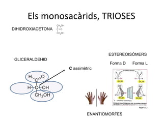 Els monosacàrids, TRIOSES
DIHIDROXIACETONA




                                   ESTEREOISÒMERS
GLICERALDEHID
                                    Forma D   Forma L
                   C assimètric




                            ENANTIOMORFES
 