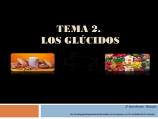 TEMA 2.
LOS GLÚCIDOS
2º Bachillerato - Biología
http://biologiageologiaiessantaclarabelenruiz.wordpress.com/2o-bachillerato/2o-biologia/
 