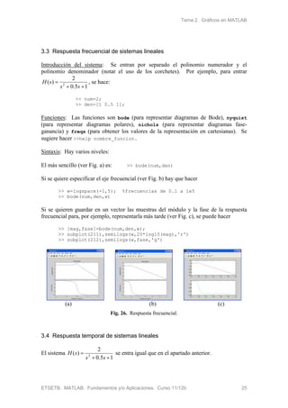 Tema 2. Gráficos en MATLAB
ETSETB. MATLAB. Fundamentos y/o Aplicaciones. Curso 11/12b 25
3.3 Respuesta frecuencial de sistemas lineales
Introducción del sistema: Se entran por separado el polinomio numerador y el
polinomio denominador (notar el uso de los corchetes). Por ejemplo, para entrar
15.0
2
)( 2


ss
sH , se hace:
>> num=2;
>> den=[1 0.5 1];
Funciones: Las funciones son bode (para representar diagramas de Bode), nyquist
(para representar diagramas polares), nichols (para representar diagramas fase-
ganancia) y freqs (para obtener los valores de la representación en cartesianas). Se
sugiere hacer >>help nombre_funcion.
Sintaxis: Hay varios niveles:
El más sencillo (ver Fig. a) es: >> bode(num,den)
Si se quiere especificar el eje frecuencial (ver Fig. b) hay que hacer
>> w=logspace(-1,5); %frecuencias de 0.1 a 1e5
>> bode(num,den,w)
Si se quieren guardar en un vector las muestras del módulo y la fase de la respuesta
frecuencial para, por ejemplo, representarla más tarde (ver Fig. c), se puede hacer
>> [mag,fase]=bode(num,den,w);
>> subplot(211),semilogx(w,20*log10(mag),'r')
>> subplot(212),semilogx(w,fase,'g')
(a) (b) (c)
Fig. 26. Respuesta frecuencial.
3.4 Respuesta temporal de sistemas lineales
El sistema
15.0
2
)( 2


ss
sH se entra igual que en el apartado anterior.
 