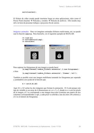Tema 2. Gráficos en MATLAB
ETSETB. MATLAB. Fundamentos y/o Aplicaciones. Curso 11/12b 29
mov=close(mov);
El fichero de vídeo creado puede insertarse luego en otras aplicaciones, tales como el
Power Point (Insertar  Películas y sonidos  Película de archivo). Ello resulta muy
útil a la hora de presentar trabajos o proyectos fin de carrera.
Imágenes animadas: Para ver imagénes animadas (ficheros multi-trama, etc.) se puede
usar la función immovie. Para ilustrarlo, ver el siguiente ejemplo de MATLAB:
>> load mri
>> mov=immovie(D,map);
>> movie(mov)
…
Para capturar los fotogramas de una imagen se puede hacer
[x,map]=imread('nombre_fichero.extensión',1:num:fotogramas);
o bien
[x,map]=imread('nombre_fichero.extensión','frames','all');
También es posible crear una imagen multiframe tomando los fotogramas por separado
y juntándolos con ayuda de la función cat:
A = cat(4,A1,A2)
Aquí A1 y A2 serían las dos imágenes que forman la animación. El 4 está porque este
tipo de variable es un array de 4 dimensiones m x n x 3 x 2, donde m x n son los pixels
de la imagen, el 3 es corresponde a una imagen true-color (contiene una matriz de tres
columnas correspondiendes a rgb, y cada pixel va referido a uno de estos 256 colores) y
el 2 es el número de fotogramas.
 