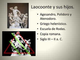 Laocoonte y sus hijos.
• Agesandro, Polidoro y
Atenodoro.
• Griego helenístico.
• Escuela de Rodas.
• Copia romana.
• Siglo III – II a. C.
 