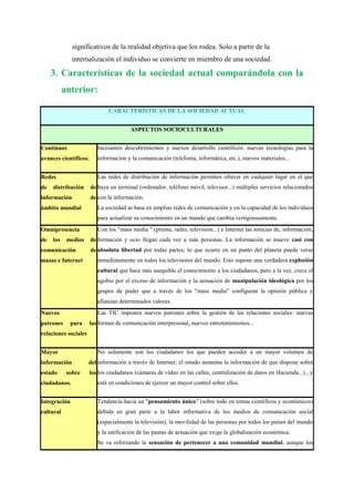 significativos de la realidad objetiva que los rodea. Solo a partir de la
              internalización el individuo se convierte en miembro de una sociedad.

     3. Características de la sociedad actual comparándola con la
           anterior:

                               CARACTERÍSTICAS DE LA SOCIEDAD ACTUAL


                                        ASPECTOS SOCIOCULTURALES


Continuos                 Incesantes descubrimientos y nuevos desarrollo científicos: nuevas tecnologías para la
avances científicos.      información y la comunicación (telefonía, informática, etc.), nuevos materiales...


Redes                     Las redes de distribución de información permiten ofrecer en cualquier lugar en el que
de   distribución      de haya un terminal (ordenador, teléfono móvil, televisor...) múltiples servicios relacionados
información            de con la información.
ámbito mundial            La sociedad se basa en amplias redes de comunicación y en la capacidad de los individuos
                          para actualizar su conocimiento en un mundo que cambia vertiginosamente.
Omnipresencia             Con los "mass media " (prensa, radio, televisión...) e Internet las noticias de, información,
de   los    medios     de formación y ocio llegan cada vez a más personas. La información se mueve casi con
comunicación           de absoluta libertad por todas partes; lo que ocurre en un punto del planeta puede verse
masas e Internet          inmediatamente en todos los televisores del mundo. Esto supone una verdadera explosión
                          cultural que hace más asequible el conocimiento a los ciudadanos, pero a la vez, crece el
                          agobio por el exceso de información y la sensación de manipulación ideológica por los
                          grupos de poder que a través de los "mass media" configuran la opinión pública y
                          afianzan determinados valores.
Nuevos                    Las TIC imponen nuevos patrones sobre la gestión de las relaciones sociales: nuevas
patrones     para      las formas de comunicación interpresonal, nuevos entretenimientos...
relaciones sociales


Mayor                     No solamente son los ciudadanos los que pueden acceder a un mayor volumen de
información           del información a través de Internet; el estado aumenta la información de que dispone sobre
estado      sobre      los los ciudadanos (cámaras de vídeo en las calles, centralización de datos en Hacienda...) , y
ciudadanos.               está en condiciones de ejercer un mayor control sobre ellos.


Integración               Tendencia hacia un "pensamiento único" (sobre todo en temas científicos y económicos)
cultural                  debida en gran parte a la labor informativa de los medios de comunicación social
                          (especialmente la televisión), la movilidad de las personas por todos los países del mundo
                          y la unificación de las pautas de actuación que exige la globalización económica.
                          Se va reforzando la sensación de pertenecer a una comunidad mundial, aunque los
 