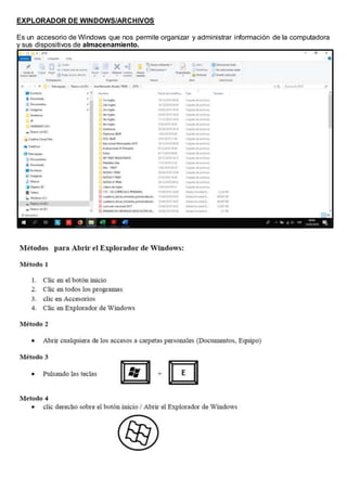 EXPLORADOR DE WINDOWS/ARCHIVOS
Es un accesorio de Windows que nos permite organizar y administrar información de la computadora
y sus dispositivos de almacenamiento.
 