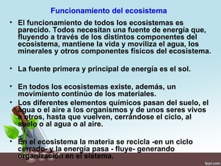 Funcionamiento del ecosistema
• El funcionamiento de todos los ecosistemas es
  parecido. Todos necesitan una fuente de energía que,
  fluyendo a través de los distintos componentes del
  ecosistema, mantiene la vida y moviliza el agua, los
  minerales y otros componentes físicos del ecosistema.

• La fuente primera y principal de energía es el sol.

• En todos los ecosistemas existe, además, un
  movimiento continúo de los materiales.
• Los diferentes elementos químicos pasan del suelo, el
  agua o el aire a los organismos y de unos seres vivos
  a otros, hasta que vuelven, cerrándose el ciclo, al
  suelo o al agua o al aire.

• En el ecosistema la materia se recicla -en un ciclo
  cerrado- y la energía pasa - fluye- generando
  organización en el sistema.
 