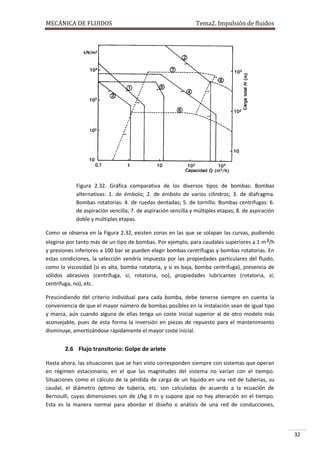 MECÁNICA DE FLUIDOS

Tema2. Impulsión de fluidos

Figura 2.32. Gráfica comparativa de los diversos tipos de bombas: Bombas
alternativas: 1. de émbolo; 2. de émbolo de varios cilindros; 3. de diafragma.
Bombas rotatorias: 4. de ruedas dentadas; 5. de tornillo. Bombas centrífugas: 6.
de aspiración sencilla; 7. de aspiración sencilla y múltiples etapas; 8. de aspiración
doble y múltiples etapas.
Como se observa en la Figura 2.32, existen zonas en las que se solapan las curvas, pudiendo
elegirse por tanto más de un tipo de bombas. Por ejemplo, para caudales superiores a 1 m 3/h
y presiones inferiores a 100 bar se pueden elegir bombas centrífugas y bombas rotatorias. En
estas condiciones, la selección vendría impuesta por las propiedades particulares del fluido,
como la viscosidad (si es alta, bomba rotatoria, y si es baja, bomba centrífuga), presencia de
sólidos abrasivos (centrífuga, sí; rotatoria, no), propiedades lubricantes (rotatoria, sí;
centrífuga, no), etc.
Prescindiendo del criterio individual para cada bomba, debe tenerse siempre en cuenta la
conveniencia de que el mayor número de bombas posibles en la instalación sean de igual tipo
y marca, aún cuando alguna de ellas tenga un coste inicial superior al de otro modelo más
aconsejable, pues de esta forma la inversión en piezas de repuesto para el mantenimiento
disminuye, amortizándose rápidamente el mayor coste inicial.

2.6 Flujo transitorio: Golpe de ariete
Hasta ahora, las situaciones que se han visto corresponden siempre con sistemas que operan
en régimen estacionario, en el que las magnitudes del sistema no varían con el tiempo.
Situaciones como el cálculo de la pérdida de carga de un líquido en una red de tuberías, su
caudal, el diámetro óptimo de tubería, etc. son calculadas de acuerdo a la ecuación de
Bernoulli, cuyas dimensiones son de J/kg ó m y supone que no hay alteración en el tiempo.
Esta es la manera normal para abordar el diseño o análisis de una red de conducciones,

32

 