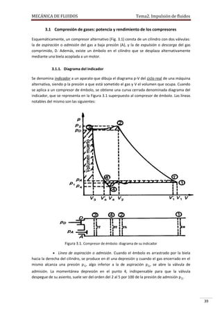 MECÁNICA DE FLUIDOS

Tema2. Impulsión de fluidos

3.1 Compresión de gases: potencia y rendimiento de los compresores
Esquemáticamente, un compresor alternativo (Fig. 3.1) consta de un cilindro con dos válvulas:
la de aspiración o admisión del gas a baja presión (A), y la de expulsión o descarga del gas
comprimido, D. Además, existe un émbolo en el cilindro que se desplaza alternativamente
mediante una biela acoplada a un motor.
3.1.1. Diagrama del indicador
Se denomina indicador a un aparato que dibuja el diagrama p-V del ciclo real de una máquina
alternativa, siendo p la presión a que está sometido el gas y V el volumen que ocupa. Cuando
se aplica a un compresor de émbolo, se obtiene una curva cerrada denominada diagrama del
indicador, que se representa en la Figura 3.1 superpuesto al compresor de émbolo. Las líneas
notables del mismo son las siguientes:

Figura 3.1. Compresor de émbolo: diagrama de su indicador
 Línea de aspiración o admisión. Cuando el émbolo es arrastrado por la biela

hacia la derecha del cilindro, se produce en él una depresión y cuando el gas encerrado en el
mismo alcanza una presión p4, algo inferior a la de aspiración pA, se abre la válvula de
admisión. La momentánea depresión en el punto 4, indispensable para que la válvula
despegue de su asiento, suele ser del orden del 2 al 5 por 100 de la presión de admisión pA.

39

 