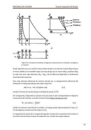 MECÁNICA DE FLUIDOS

Tema2. Impulsión de fluidos

Figura 3.2. Compresor de émbolo: a) diagrama convencional de su indicador: b) diagrama
p-V teórico.

Puede advertirse que aun siendo la masa residual de gas en el volumen muerto (M R) siempre
la misma, debido a las inevitables fugas, las masas de gas que se aspiran (MA) y expulsan (MD)
en cada ciclo serán algo diferentes, MA > MD, y de tal diferencia dependerá el rendimiento
volumétrico del compresor.
Para cada elemento diferencial de volumen barrido por un desplazamiento diferencial del
émbolo dV, el trabajo ejercido por éste sobre el gas será:
dW ( en J)= - Fdx=-(F/S)(Sdx)=-pdV

(3.2)

siendo F la fuerza normal ejercida por el émbolo de sección S (m2).
Por consiguiente, integrando la ecuación (3.2) para todo el ciclo correspondiente al diagrama
convencional del indicador, se tendrá el denominado trabajo indicado por ciclo:

Wci (en Julios)    pdV

(3.3)

siendo V el volumen recorrido por el embolo, y el trabajo queda representado por el área 1-23-4 del diagrama convencional de la Figura 3.2.a).
La integración por partes de la integral del segundo miembro de la expresión (3.3) conduce a
una forma más sencilla de evaluar el trabajo del ciclo, al haber dos etapas isobaras:

41

 