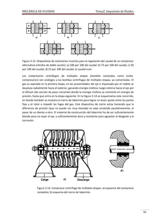 MECÁNICA DE FLUIDOS

Tema2. Impulsión de fluidos

Figura 3.13. Dispositivos de volúmenes muertos para la regulación del caudal de un compresor
alternativo (cilindro de doble acción): a) 100 por 100 del caudal: b) 75 por 100 del caudal; c) 50
por 100 del caudal; d) 25 por 100 del caudal; e) caudal nulo.
Los compresores centrífugos de múltiples etapas (también conocidos como turbocompresores) son análogos a las bombas centrífugas de múltiples etapas, ya comentadas. El
gas es aspirado en la primera etapa, en las proximidades del eje e impulsado por el rodete se
desplaza radialmente hacia el exterior, ganando energía cinética; luego retorna hacia el eje por
el difusor (de sección de paso creciente) donde la energía cinética se convierte en energía de
presión, hasta que entra en la etapa siguiente. En la Figura 3.14 se esquematiza este recorrido,
en donde también se muestra el cierre de laberinto para lograr un buen ajuste entre las partes
fijas y el rotor e impedir las fugas del gas. Este dispositivo de cierre actúa haciendo que la
diferencia de presión (que no puede ser muy elevada) se vaya anulando paulatinamente, al
pasar de un diente a otro. El material de construcción del laberinto ha de ser suficientemente
blando para no rayar el eje, y suficientemente duro y resistente para aguantar el desgaste y la
corrosión.

Figura 3.14. Compresor centrífugo de múltiples etapas: a) esquema del compresor
completo; b) esquema del cierre de laberinto.

61

 