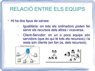 RELACIÓ ENTRE ELS EQUIPS

Hi ha dos tipus de xarxes:
− Igualitària: on tots els ordinadors poden fer
servir els recursos dels altres i viceversa.
− Client-Servidor: on un o pocs equips són
servidors (que és qui té tots els recursos) i la
resta són clients (en fan ús, dels recursos).
 