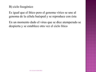 B) ciclo lisogénico
Es igual que el lítico pero el genoma vírico se une al
genoma de la célula huésped y se reproduce con ésta
En un momento dado el virus que se dice atemperado se
despierta y se establece otra vez el ciclo lítico

CIC JULIO SÁNCHEZ

 