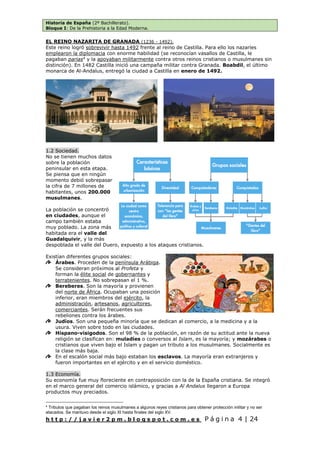 Historia de España (2º Bachillerato).
Bloque I: De la Prehistoria a la Edad Moderna.
h t t p : / / j a v i e r 2 p m . b l o g s p o t . c o m . e s P á g i n a 4 | 24
EL REINO NAZARITA DE GRANADA (1236 - 1492).
Este reino logró sobrevivir hasta 1492 frente al reino de Castilla. Para ello los nazaríes
emplearon la diplomacia con enorme habilidad (se reconocían vasallos de Castilla, le
pagaban parias4
y la apoyaban militarmente contra otros reinos cristianos o musulmanes sin
distinción). En 1482 Castilla inició una campaña militar contra Granada. Boabdil, el último
monarca de Al-Andalus, entregó la ciudad a Castilla en enero de 1492.
1.2 Sociedad.
No se tienen muchos datos
sobre la población
peninsular en esta etapa.
Se piensa que en ningún
momento debió sobrepasar
la cifra de 7 millones de
habitantes, unos 200.000
musulmanes.
La población se concentró
en ciudades, aunque el
campo también estaba
muy poblado. La zona más
habitada era el valle del
Guadalquivir, y la más
despoblada el valle del Duero, expuesto a los ataques cristianos.
Existían diferentes grupos sociales:
Árabes. Proceden de la península Arábiga.
Se consideran próximos al Profeta y
forman la élite social de gobernantes y
terratenientes. No sobrepasan el 1 %.
Bereberes. Son la mayoría y provienen
del norte de África. Ocupaban una posición
inferior, eran miembros del ejército, la
administración, artesanos, agricultores,
comerciantes. Serán frecuentes sus
rebeliones contra los árabes.
Judíos. Son una pequeña minoría que se dedican al comercio, a la medicina y a la
usura. Viven sobre todo en las ciudades.
Hispano-visigodos. Son el 98 % de la población, en razón de su actitud ante la nueva
religión se clasifican en: muladíes o conversos al Islam, es la mayoría; y mozárabes o
cristianos que viven bajo el Islam y pagan un tributo a los musulmanes. Socialmente es
la clase más baja.
En el escalón social más bajo estaban los esclavos. La mayoría eran extranjeros y
fueron importantes en el ejército y en el servicio doméstico.
1.3 Economía.
Su economía fue muy floreciente en contraposición con la de la España cristiana. Se integró
en el marco general del comercio islámico, y gracias a Al Andalus llegaron a Europa
productos muy preciados.
4
Tributos que pagaban los reinos musulmanes a algunos reyes cristianos para obtener protección militar y no ser
atacados. Se mantuvo desde el siglo XI hasta finales del siglo XV.
 