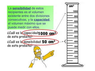 La sensibilidad de estos
recipientes es el volumen
existente entre dos divisiones
consecutivas, y la capacidad,
el volumen máximo que se
puede medir con ellos.
¿Cuál es la sensibilidad
de esta probeta?
¿Cuál es la capacidad
de esta probeta?
50 cm3
1000 cm3
cm3
1000
900
800
700
600
500
400
300
200
100
 