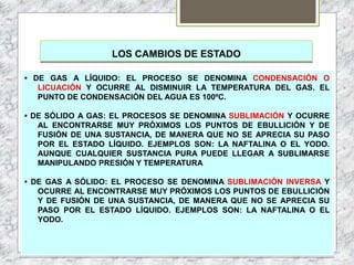 LOS CAMBIOS DE ESTADO
• DE GAS A LÍQUIDO: EL PROCESO SE DENOMINA CONDENSACIÓN O
LICUACIÓN Y OCURRE AL DISMINUIR LA TEMPERATURA DEL GAS. EL
PUNTO DE CONDENSACIÓN DEL AGUA ES 100ºC.
• DE SÓLIDO A GAS: EL PROCESOS SE DENOMINA SUBLIMACIÓN Y OCURRE
AL ENCONTRARSE MUY PRÓXIMOS LOS PUNTOS DE EBULLICIÓN Y DE
FUSIÓN DE UNA SUSTANCIA, DE MANERA QUE NO SE APRECIA SU PASO
POR EL ESTADO LÍQUIDO. EJEMPLOS SON: LA NAFTALINA O EL YODO.
AUNQUE CUALQUIER SUSTANCIA PURA PUEDE LLEGAR A SUBLIMARSE
MANIPULANDO PRESIÓN Y TEMPERATURA
• DE GAS A SÓLIDO: EL PROCESO SE DENOMINA SUBLIMACIÓN INVERSA Y
OCURRE AL ENCONTRARSE MUY PRÓXIMOS LOS PUNTOS DE EBULLICIÓN
Y DE FUSIÓN DE UNA SUSTANCIA, DE MANERA QUE NO SE APRECIA SU
PASO POR EL ESTADO LÍQUIDO. EJEMPLOS SON: LA NAFTALINA O EL
YODO.
 