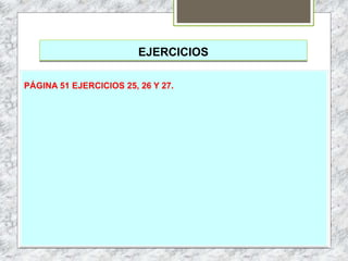 EJERCICIOS
PÁGINA 51 EJERCICIOS 25, 26 Y 27.
 