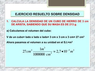 EJERCICIO RESUELTO SOBRE DENSIDAD
1. CALCULA LA DENSIDAD DE UN CUBO DE HIERRO DE 3 cm
DE ARISTA, SABIENDO QUE SU MASA ES DE 213 g.
a) Calculamos el volumen del cubo:
V de un cubo= lado x lado x lado= 3 cm x 3 cm x 3 cm= 27 cm3
Ahora pasamos el volumen a su unidad en el S.I.=m3
35
3
3
3
107,2
1000000
1
27 m
cm
m
cm 

 
