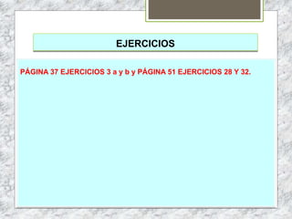 EJERCICIOS
PÁGINA 37 EJERCICIOS 3 a y b y PÁGINA 51 EJERCICIOS 28 Y 32.
 