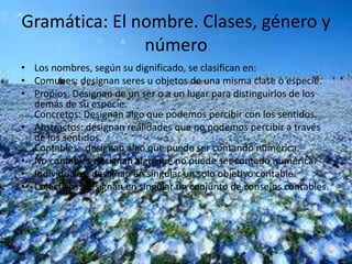 Gramática: El nombre. Clases, género y 
número 
• Los nombres, según su dignificado, se clasifican en: 
• Comunes: designan seres u objetos de una misma clase o especie. 
• Propios: Designan de un ser o a un lugar para distinguirlos de los 
demás de su especie. 
Concretos: Designan algo que podemos percibir con los sentidos. 
• Abstractos: designan realidades que no podemos percibir a través 
de los sentidos. 
Contables: designan algo que puede ser contando numérica. 
• No contables designan algo que no puede ser contado numérica. 
• Individuales: designan en singular un solo objetivo contable. 
• Colectivos: designan en singular un conjunto de consejos contables. 
 