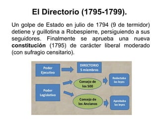 El Directorio (1795-1799).
Un golpe de Estado en julio de 1794 (9 de termidor)
detiene y guillotina a Robespierre, persiguiendo a sus
seguidores. Finalmente se aprueba una nueva
constitución (1795) de carácter liberal moderado
(con sufragio censitario).
 