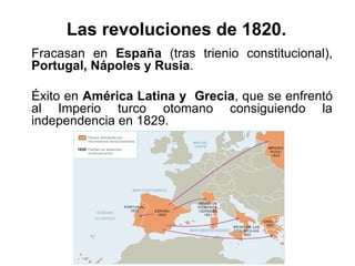 Fracasan en España (tras trienio constitucional),
Portugal, Nápoles y Rusia.
Éxito en América Latina y Grecia, que se enfrentó
al Imperio turco otomano consiguiendo la
independencia en 1829.
Las revoluciones de 1820.
 