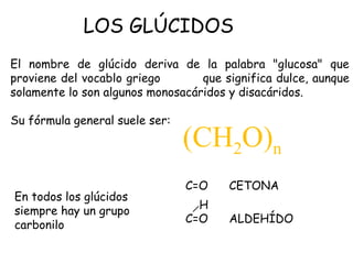 El nombre de glúcido deriva de la palabra "glucosa" que
proviene del vocablo griego glykys que significa dulce, aunque
solamente lo son algunos monosacáridos y disacáridos.
Su fórmula general suele ser:
(CH2O)n
LOS GLÚCIDOS
En todos los glúcidos
siempre hay un grupo
carbonilo
C=O CETONA
C=O ALDEHÍDO
H
 