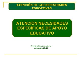 ATENCIÓN DE LAS NECESIDADES
        EDUCATIVAS




ATENCIÓN NECESIDADES
ESPECÍFICAS DE APOYO
     EDUCATIVO


       Coordinadora Asignatura:
           Asunción Lledó
 