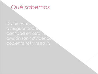 Qué sabemos 
Dividir es repartir en partes iguales o 
averiguar cuántas veces cabe una 
cantidad en otra . Los términos de...