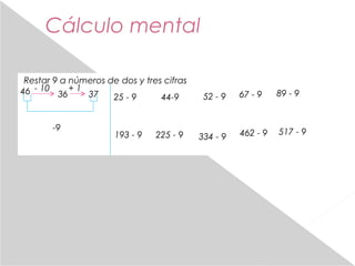Cálculo mental 
Restar 9 a números de dos y tres cifras 
46 - 10 36+ 1 37 
-9 
25 - 9 
193 - 9 
44-9 
225 - 9 
52 - 9 
334...
