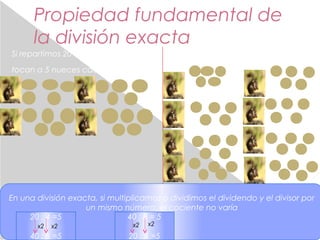 Propiedad fundamental de 
la división exacta 
Si repartimos 20 nueces entre 4 ardillas, 
tocan a 5 nueces cada una. 
En un...