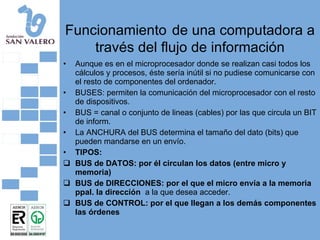 Funcionamiento   de una computadora a través del flujo de información Aunque es en el microprocesador donde se realizan casi todos los cálculos y procesos, éste sería inútil si no pudiese comunicarse con el resto de componentes del ordenador. BUSES: permiten la comunicación del microprocesador con el resto de dispositivos. BUS = canal o conjunto de lineas (cables) por las que circula un BIT de inform. La ANCHURA del BUS determina el tamaño del dato (bits) que pueden mandarse en un envío. TIPOS: BUS de DATOS: por él circulan los datos (entre micro y memoria) BUS de DIRECCIONES: por el que el micro envía a la memoria ppal. la dirección  a la que desea acceder. BUS de CONTROL: por el que llegan a los demás componentes las órdenes 