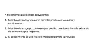 • Mecanismos psicológicos subyacentes:
1. Miembro del endogrupo como ejemplar positivo en tolerancia y
consideración.
2. Miembro del exogrupo como ejemplar positivo que descon
fi
rma la existencia
de los estereotipos negativos.
3. El conocimiento de una relación intergrupal permite la inclusión.
 