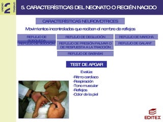 CARACTERÍSTICAS NEUROMOTRICES Movimientos incontrolados que reciben el nombre de reflejos REFLEJO DE BÚSQUEDA REFLEJO DE MARCHA REFLEJO DE BABINSKI REFLEJO DE PRESIÓN PALMAR O DE RESPUESTA A LA TRACCIÓN REFLEJO DE GALANT REFLEJO DE DEGLUCIÓN REFLEJO DE SUCCIÓN TEST DE APGAR Evalúa: ·Ritmo cardiaco ·Respiración ·Tono muscular ·Reflejos ·Color de la piel 5. CARACTERÍSTICAS DEL NEONATO O RECIÉN NACIDO 