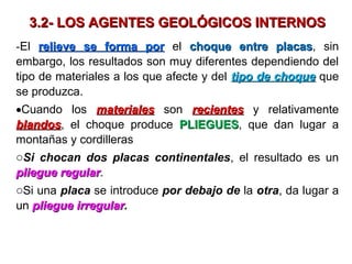 3.2- LOS AGENTES GEOLÓGICOS INTERNOS3.2- LOS AGENTES GEOLÓGICOS INTERNOS
-El relieve se forma porrelieve se forma por el choque entre placaschoque entre placas, sin
embargo, los resultados son muy diferentes dependiendo del
tipo de materiales a los que afecte y del tipo de choquetipo de choque que
se produzca.
•Cuando los materialesmateriales son recientesrecientes y relativamente
blandosblandos, el choque produce PLIEGUESPLIEGUES, que dan lugar a
montañas y cordilleras
oSi chocan dos placas continentales, el resultado es un
pliegue regularpliegue regular.
oSi una placa se introduce por debajo de la otra, da lugar a
un pliegue irregularpliegue irregular.
 
