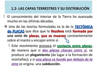 1.2- LAS CAPAS TERRESTRES Y SU DISTRIBUCIÓN
 El conocimiento del interior de la Tierra ha avanzado
mucho en las últimas décadas.
 Una de las teorías formuladas es la de la TECTÓNICATECTÓNICA
de PLACASde PLACAS que dice que la litosferalitosfera está formada porformada por
una serie de placasplacas, que se muevenque se mueven constantemente
sobre el manto y encajan entre sí.
 Este movimiento provoca el contacto entre placascontacto entre placas,
de manera que si dos placas chocan entre sí, se
produce un plegamiento (da lugar a la formación de
montañas); y si una placa se hunde por debajo de la
otra se origina una subducción.
 