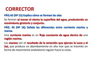 CORRECTOR
PÁG.43 (Nº 15) Explica cómo se forman las olasPÁG.43 (Nº 15) Explica cómo se forman las olas
Se forman al mover el viento la superficie del agua, produciendo unal mover el viento la superficie del agua, produciendo un
movimiento giratorio y conjunto.movimiento giratorio y conjunto.
PÁG. 43 (Nº 16) Señala las diferencias entre corriente marina yPÁG. 43 (Nº 16) Señala las diferencias entre corriente marina y
marea.marea.
Una corriente marinacorriente marina es un flujo constante de agua dentro deflujo constante de agua dentro de una
región marina.región marina.
Las mareasmareas son el resultado de la atracción que ejercen la Luna y elresultado de la atracción que ejercen la Luna y el
Sol,Sol, que produce un abombamiento en alta mar que se trasmite en
forma de movimiento ondulatorio regular hacia la costa.
 