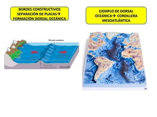 BORDES CONSTRUCTIVOSBORDES CONSTRUCTIVOS
SEPARACIÓN DE PLACASSEPARACIÓN DE PLACAS
FORMACIÓN DORSAL OCEÁNICAFORMACIÓN DORSAL OCEÁNICA
EJEMPLO DE DORSALEJEMPLO DE DORSAL
OCEÁNICAOCEÁNICA CORDILLERACORDILLERA
MESOATLÁNTICAMESOATLÁNTICA
 