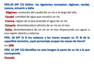 PÁG.45 (Nº 17) Define los siguientes conceptos: régimen, caudal,PÁG.45 (Nº 17) Define los siguientes conceptos: régimen, caudal,
cuenca, estuario y deltacuenca, estuario y delta
- RégimenRégimen: evolución del caudal de un río a lo largo del año.
-CaudalCaudal: cantidad de agua que arrastra un río.
-CuencaCuenca: región de la que procede el agua de un río.
-EstuarioEstuario: desembocadura directa de un río en el mar.
-DeltaDelta: desembocadura de un río en el mar dispersando sus aguas a
una región abierta y extensa.
PÁG. 50 (Nº 7) Si los océanos y los mares ocupan un 71 % de laPÁG. 50 (Nº 7) Si los océanos y los mares ocupan un 71 % de la
superficie terrestre, ¿qué porcentaje ocupan las masas de tierra?superficie terrestre, ¿qué porcentaje ocupan las masas de tierra?
Un 29%29%
PÁG. 51 (Nº 15) Identifica en esta imagen la parte de un río a la quePÁG. 51 (Nº 15) Identifica en esta imagen la parte de un río a la que
corresponde.corresponde.
CascadaCascada
 