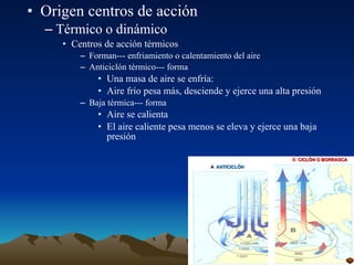 • Origen centros de acción
– Térmico o dinámico
• Centros de acción térmicos
– Forman--- enfriamiento o calentamiento del aire
– Anticiclón térmico--- forma

• Una masa de aire se enfría:
• Aire frío pesa más, desciende y ejerce una alta presión
– Baja térmica--- forma

• Aire se calienta
• El aire caliente pesa menos se eleva y ejerce una baja
presión

 