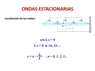 ONDAS ESTACIONARIAS
Localización de los nodos:
sen k x = 0
k x = 0, p, 2p, 3p …
x = n · , n = 0, 1, 2, 3...
l
2
 