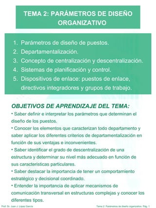 Tema 2: Parámetros de diseño organizativo. Pág. 1Prof. Dr. Juan J. López García
TEMA 2: PARÁMETROS DE DISEÑO
ORGANIZATIVO
1. Parámetros de diseño de puestos.
2. Departamentalización.
3. Concepto de centralización y descentralización.
4. Sistemas de planificación y control.
5. Dispositivos de enlace: puestos de enlace,
directivos integradores y grupos de trabajo.
OBJETIVOS DE APRENDIZAJE DEL TEMA:
• Saber definir e interpretar los parámetros que determinan el
diseño de los puestos.
• Conocer los elementos que caracterizan todo departamento y
saber aplicar los diferentes criterios de departamentalización en
función de sus ventajas e inconvenientes.
• Saber identificar el grado de descentralización de una
estructura y determinar su nivel más adecuado en función de
sus caracteristicas particulares.
• Saber destacar la importancia de tener un comportamiento
estratégico y decisional coordinado.
• Entender la importancia de aplicar mecanismos de
comunicación transversal en estructuras complejas y conocer los
diferentes tipos.
 
