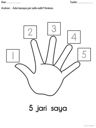 Hari: ……………. Tarikh: ………………
Arahan : Ada berapa jari adik-adik? Kirakan.
Noranin Abdullah
2 3
4
51
5 jari saya
 